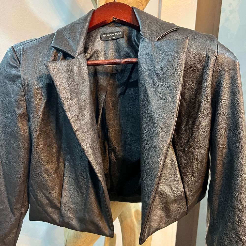 Naked Wardrobe Faux Leather Black Cropped Blazer Jacket Small